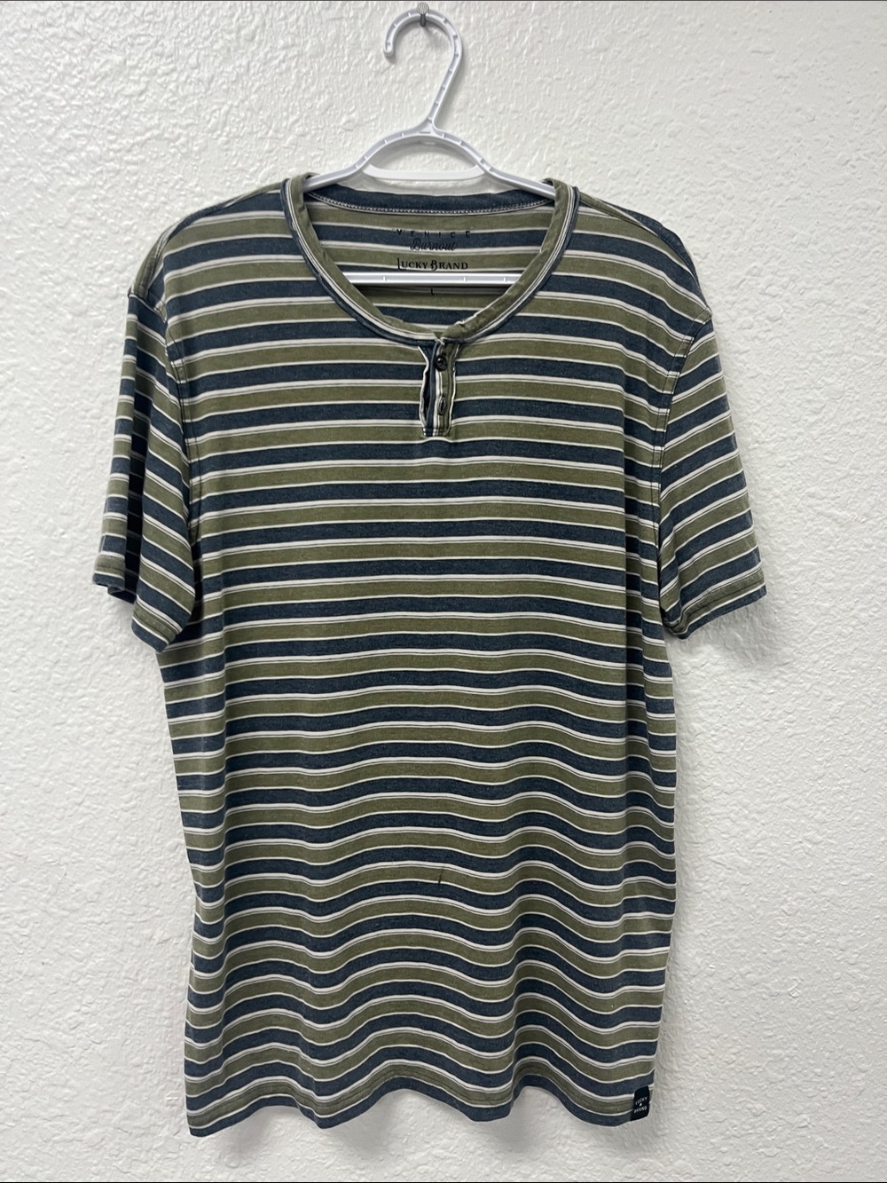 Lucky Brand Green Blue and Gray Short Sleeve “Venice Burnout” Notch Tee
#1026